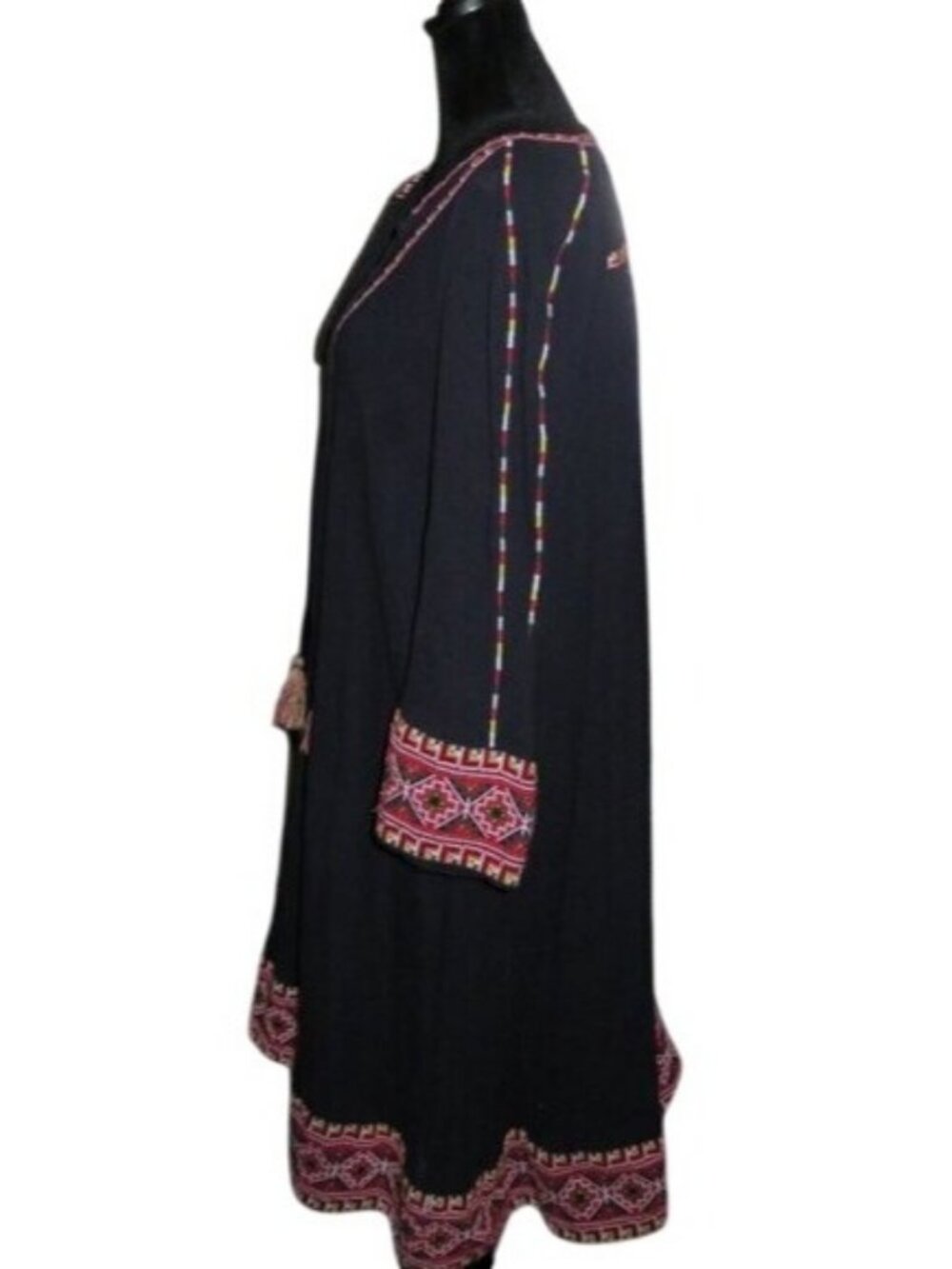 Wild Fable Black Floral Trimmed Boho‎ Tassel Midi Dress Size Large - Picture 3 of 8